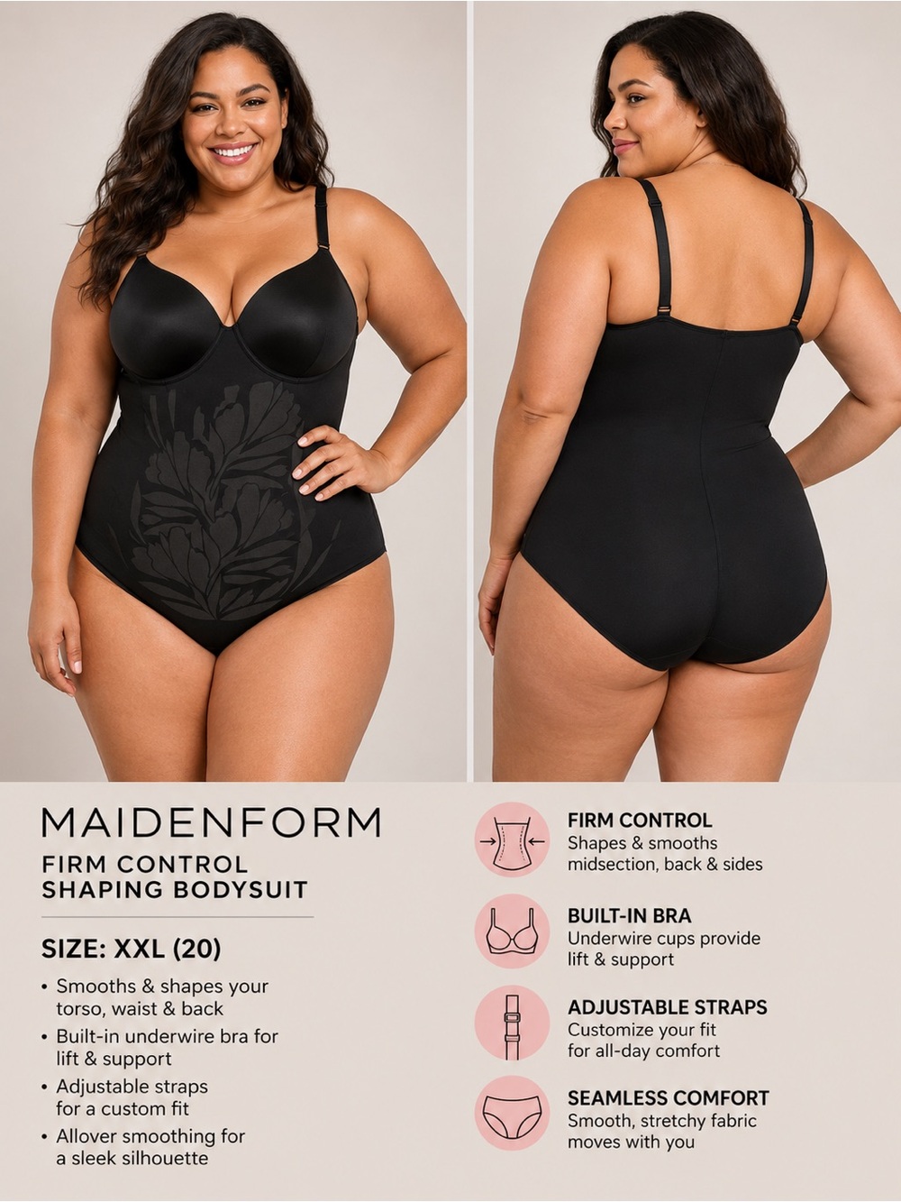 Maidenform Ultra-Firm Control Shaping Bodysuit | XXL (20) | Black Sculpting NEW